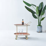 Portable Oval Faux Saddle Leather Side Table with a Gold Stainless Steel Frame — Innovative Rolling Dual-Tier Drink Trolley for the Dining Room