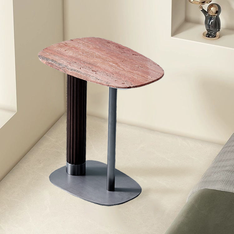 Elegant Natural Marble & Solid Wood End Table with Irregular Rounded-Rectangle Top – Scandinavian Dual-Pillar Legs, Chic Living Room Accent