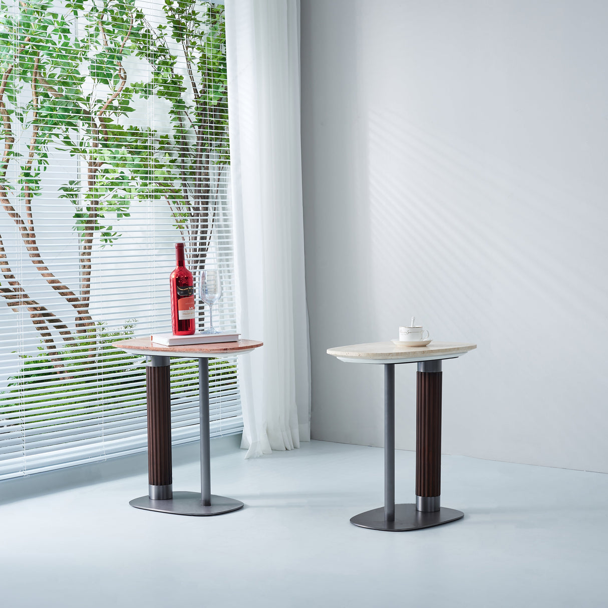 Elegant Natural Marble & Solid Wood End Table with Irregular Rounded-Rectangle Top – Scandinavian Dual-Pillar Legs, Chic Living Room Accent