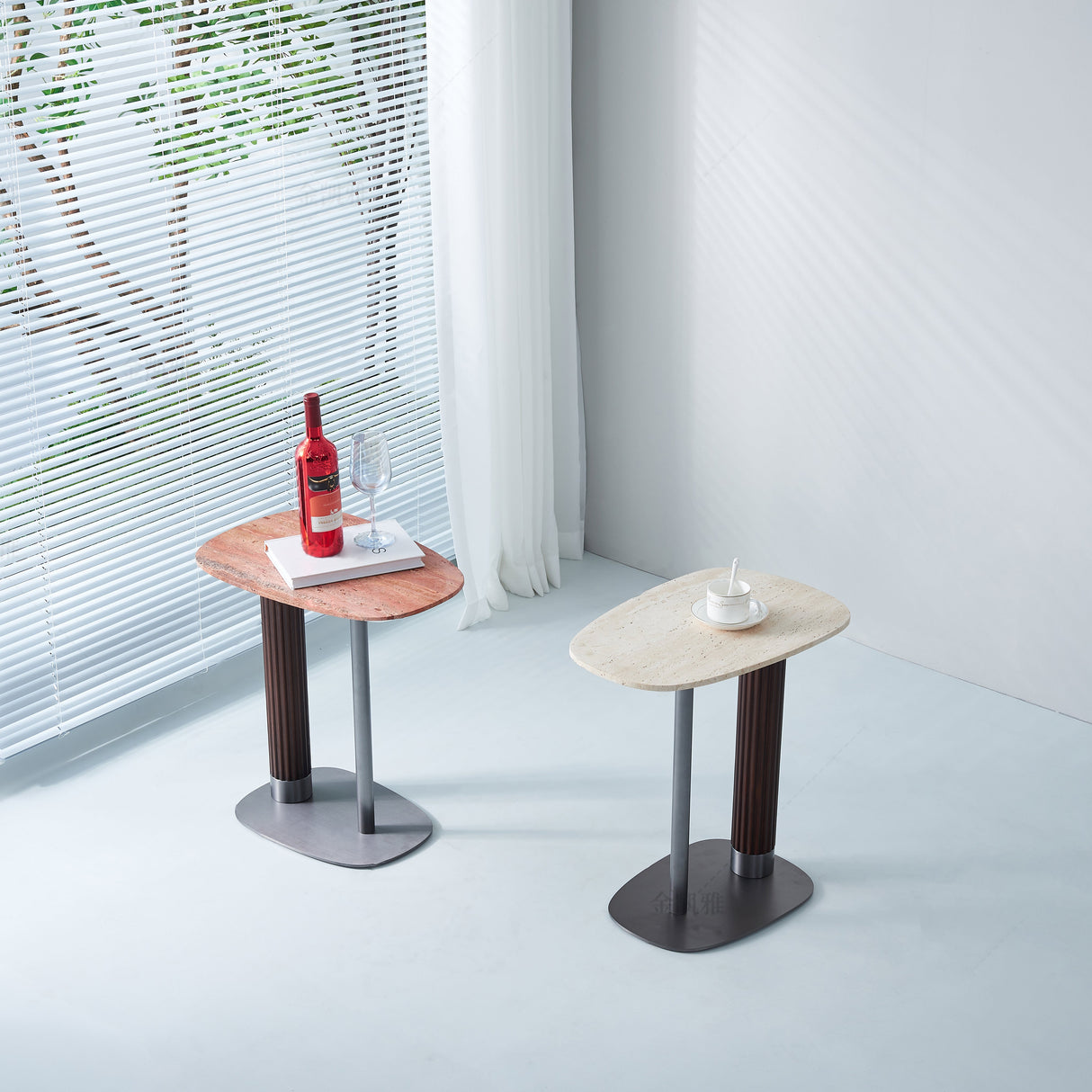 Elegant Natural Marble & Solid Wood End Table with Irregular Rounded-Rectangle Top – Scandinavian Dual-Pillar Legs, Chic Living Room Accent