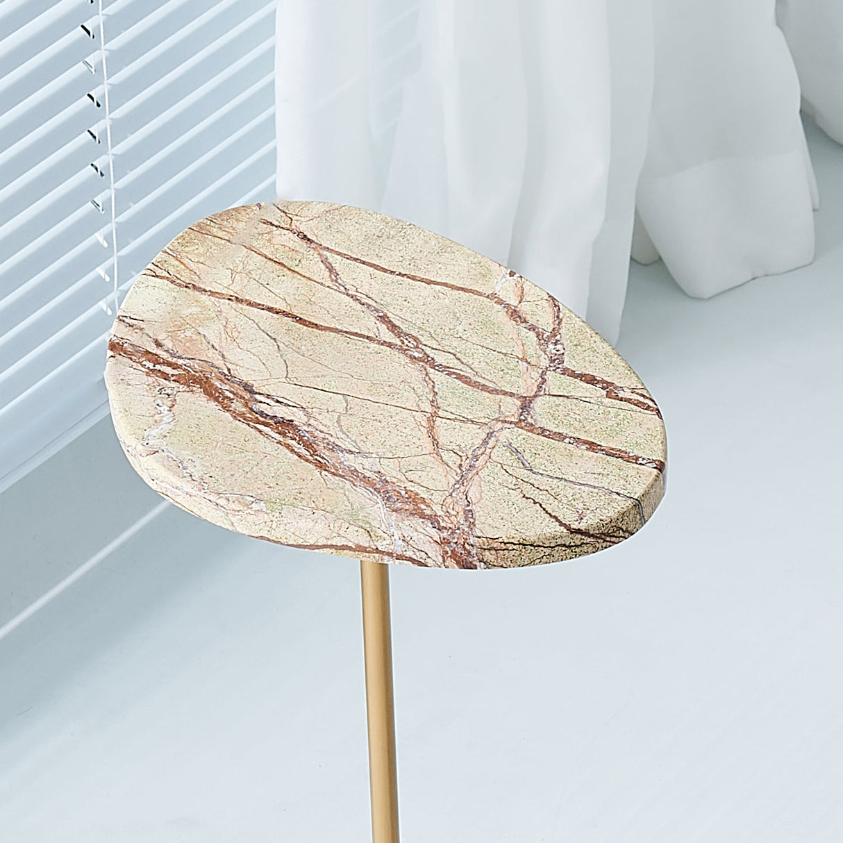 Japanese-Inspired Asymmetrical Oval Marble End Table – Living Room Accent Table