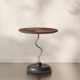 Artistic Round-Curved Stem End Table in Wood & Stainless Steel — Vintage Classic Living Room Accent