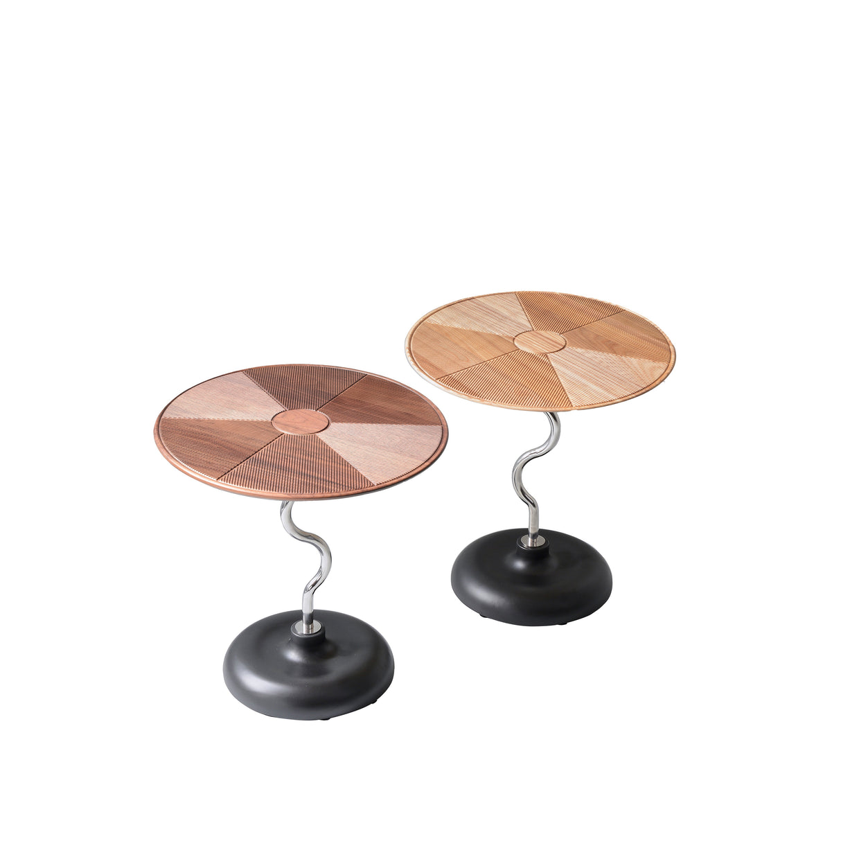 Artistic Round-Curved Stem End Table in Wood & Stainless Steel — Vintage Classic Living Room Accent