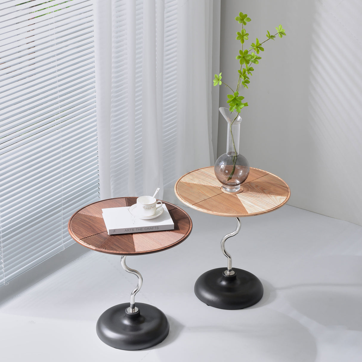 Artistic Round-Curved Stem End Table in Wood & Stainless Steel — Vintage Classic Living Room Accent