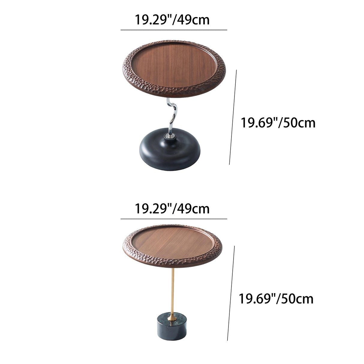 Hammered Edge Round Solid Wood End Table with Natural Marble Top - Vintage Artistic Living Room Side Table