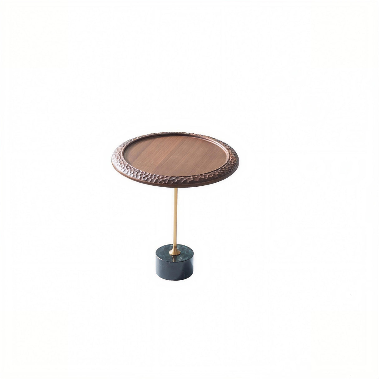 Hammered Edge Round Solid Wood End Table with Natural Marble Top - Vintage Artistic Living Room Side Table