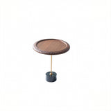 Hammered Edge Round Solid Wood End Table with Natural Marble Top - Vintage Artistic Living Room Side Table