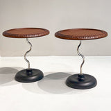 Hammered Edge Round Solid Wood End Table with Natural Marble Top - Vintage Artistic Living Room Side Table