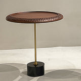 Hammered Edge Round Solid Wood End Table with Natural Marble Top - Vintage Artistic Living Room Side Table