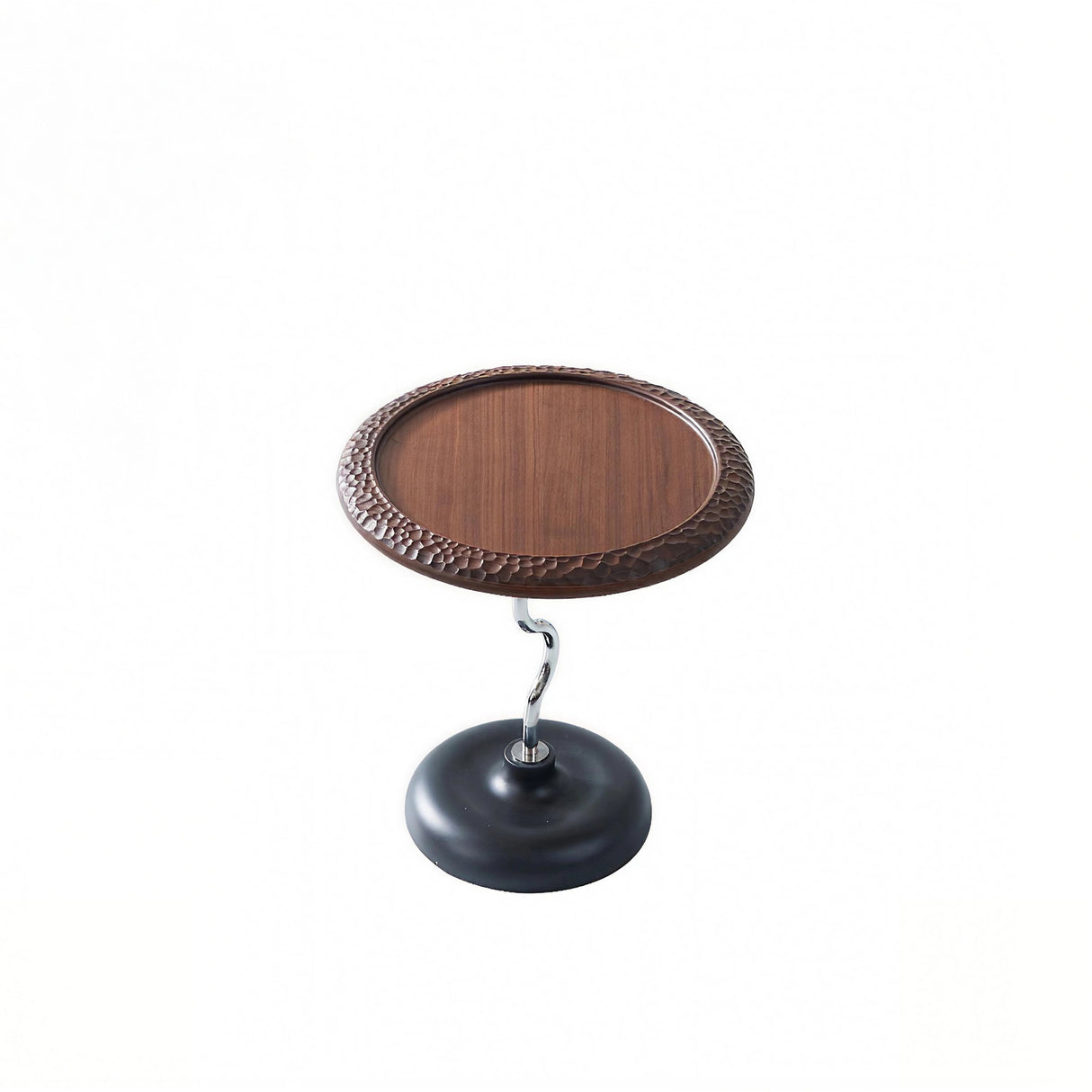 Hammered Edge Round Solid Wood End Table with Natural Marble Top - Vintage Artistic Living Room Side Table