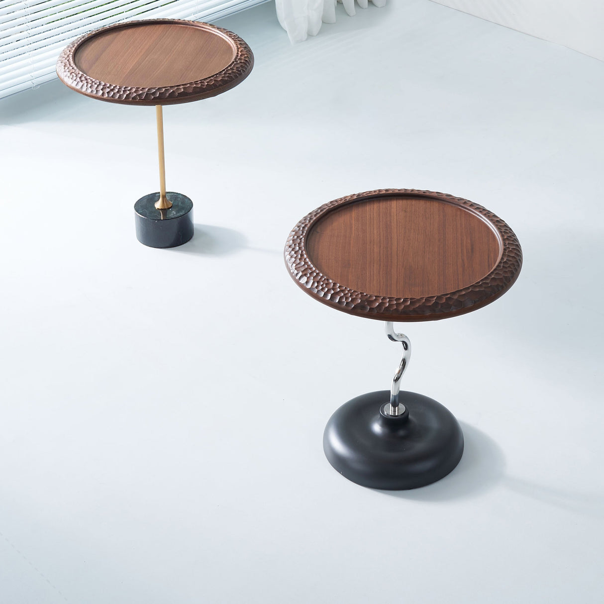 Hammered Edge Round Solid Wood End Table with Natural Marble Top - Vintage Artistic Living Room Side Table
