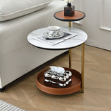 Two-Tier Round Rock Slab End Table with Ironwood Veneer and Faux Saddle Leather - Creative Accent Side Table for Living Room