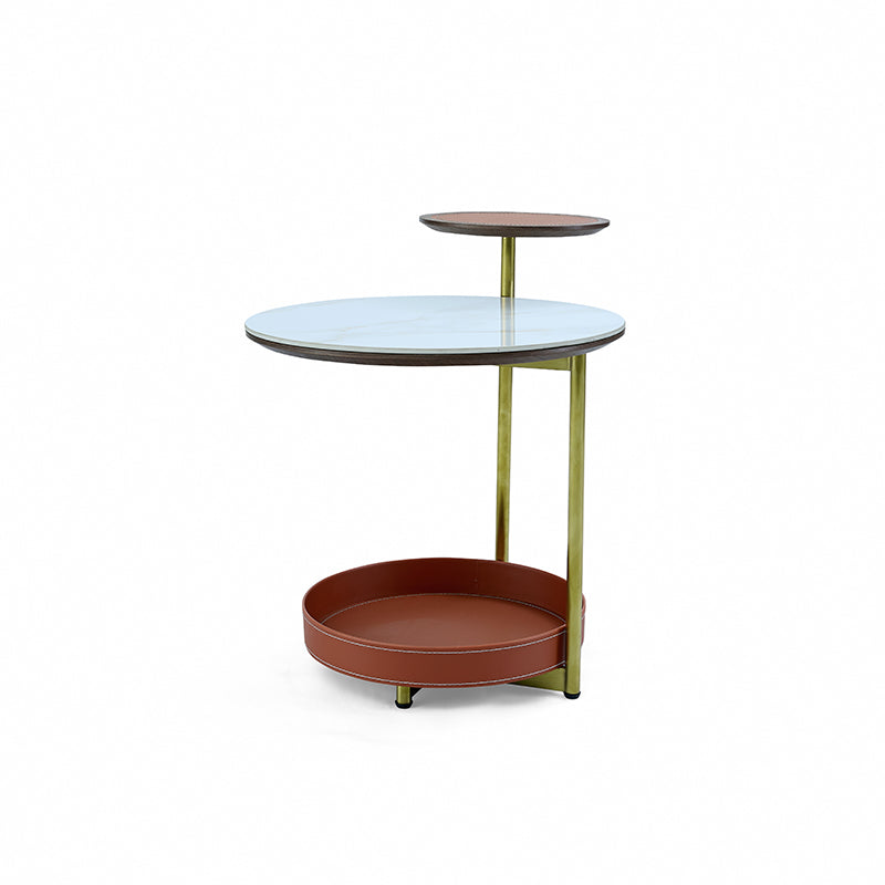 Two-Tier Round Rock Slab End Table with Ironwood Veneer and Faux Saddle Leather - Creative Accent Side Table for Living Room