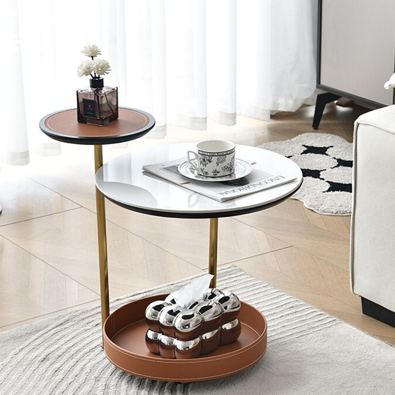 Two-Tier Round Rock Slab End Table with Ironwood Veneer and Faux Saddle Leather - Creative Accent Side Table for Living Room
