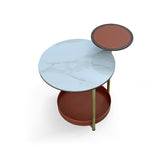Two-Tier Round Rock Slab End Table with Ironwood Veneer and Faux Saddle Leather - Creative Accent Side Table for Living Room