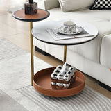 Two-Tier Round Rock Slab End Table with Ironwood Veneer and Faux Saddle Leather - Creative Accent Side Table for Living Room
