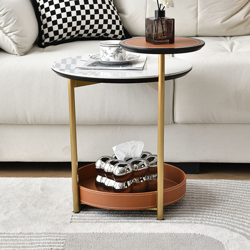 Two-Tier Round Rock Slab End Table with Ironwood Veneer and Faux Saddle Leather - Creative Accent Side Table for Living Room