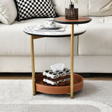 Two-Tier Round Rock Slab End Table with Ironwood Veneer and Faux Saddle Leather - Creative Accent Side Table for Living Room