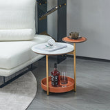 Two-Tier Round Rock Slab End Table with Ironwood Veneer and Faux Saddle Leather - Creative Accent Side Table for Living Room