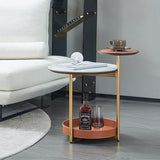 Two-Tier Round Rock Slab End Table with Ironwood Veneer and Faux Saddle Leather - Creative Accent Side Table for Living Room