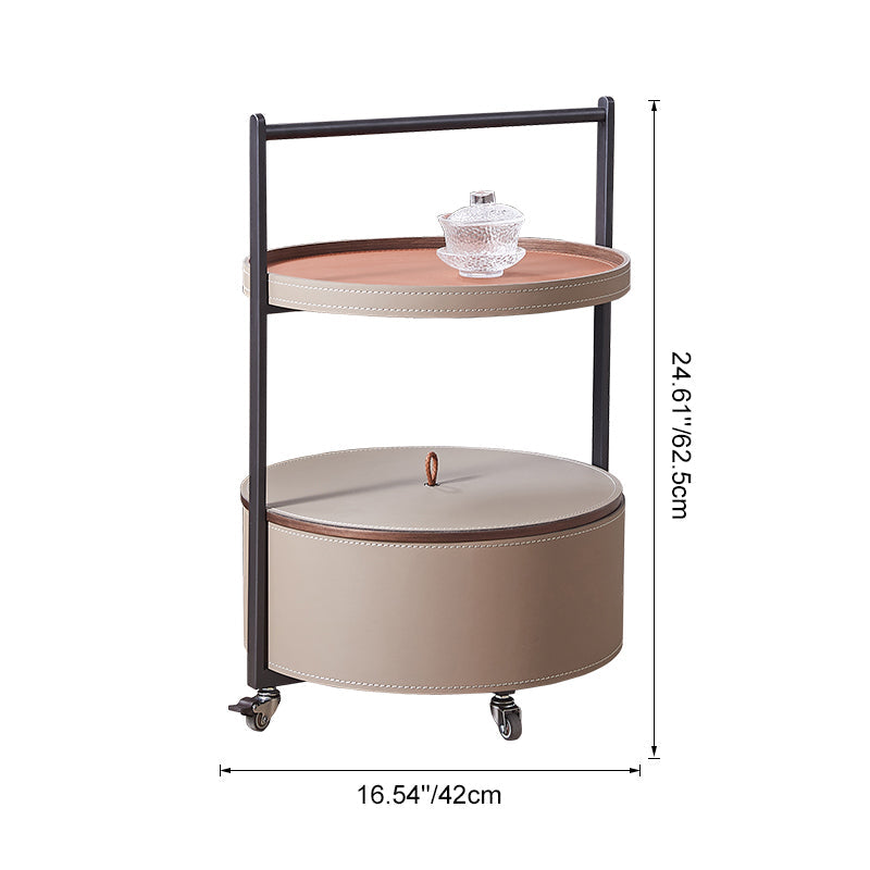 Round Faux Saddle Leather End Table on Smooth Casters – 1-Tier Living Room Accent Cart