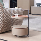 Round Faux Saddle Leather End Table on Smooth Casters – 1-Tier Living Room Accent Cart