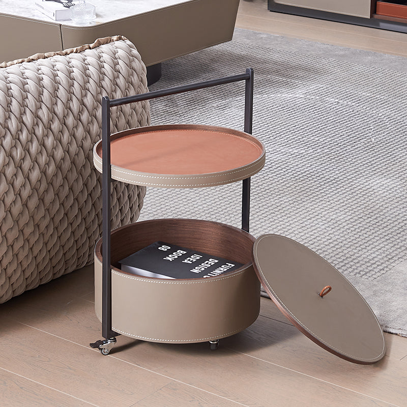 Round Faux Saddle Leather End Table on Smooth Casters – 1-Tier Living Room Accent Cart