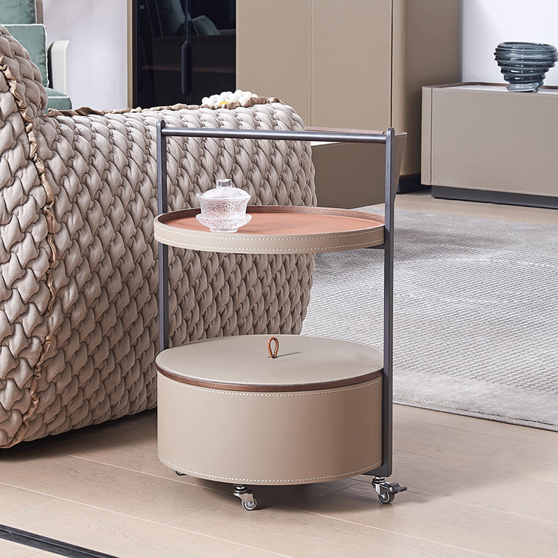 Round Faux Saddle Leather End Table on Smooth Casters – 1-Tier Living Room Accent Cart
