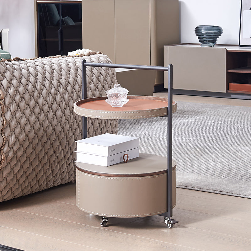 Round Faux Saddle Leather End Table on Smooth Casters – 1-Tier Living Room Accent Cart