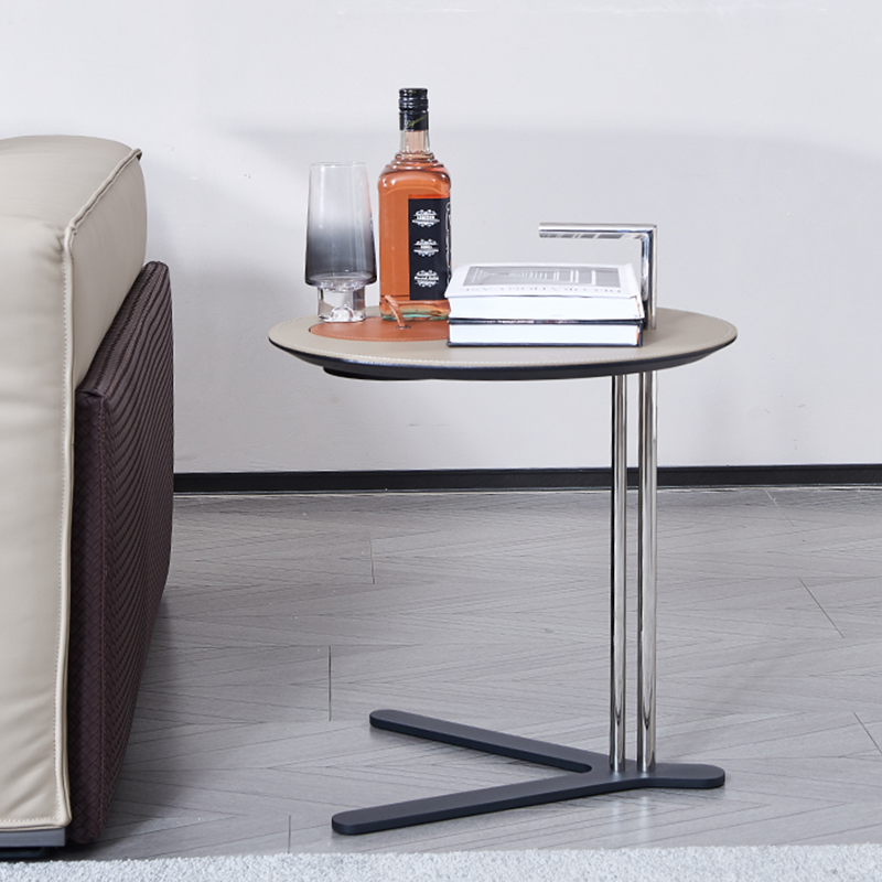 Round T-Base Faux Saddle Leather End Table – Luxury, Space-Saving C-Style Living Room Side Table
