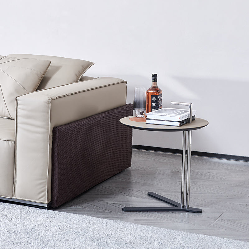 Round T-Base Faux Saddle Leather End Table – Luxury, Space-Saving C-Style Living Room Side Table