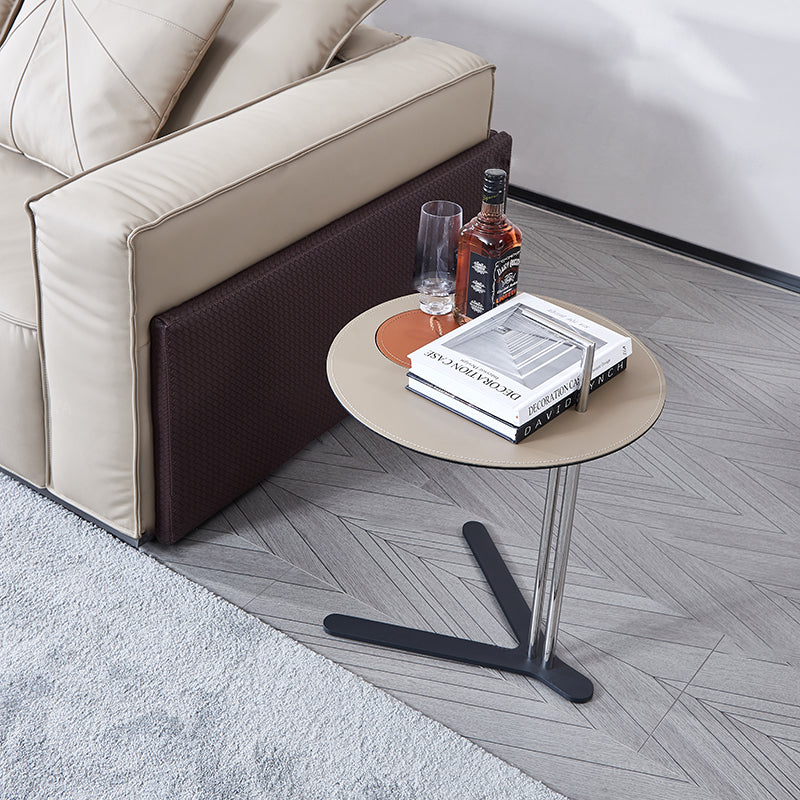 Round T-Base Faux Saddle Leather End Table – Luxury, Space-Saving C-Style Living Room Side Table