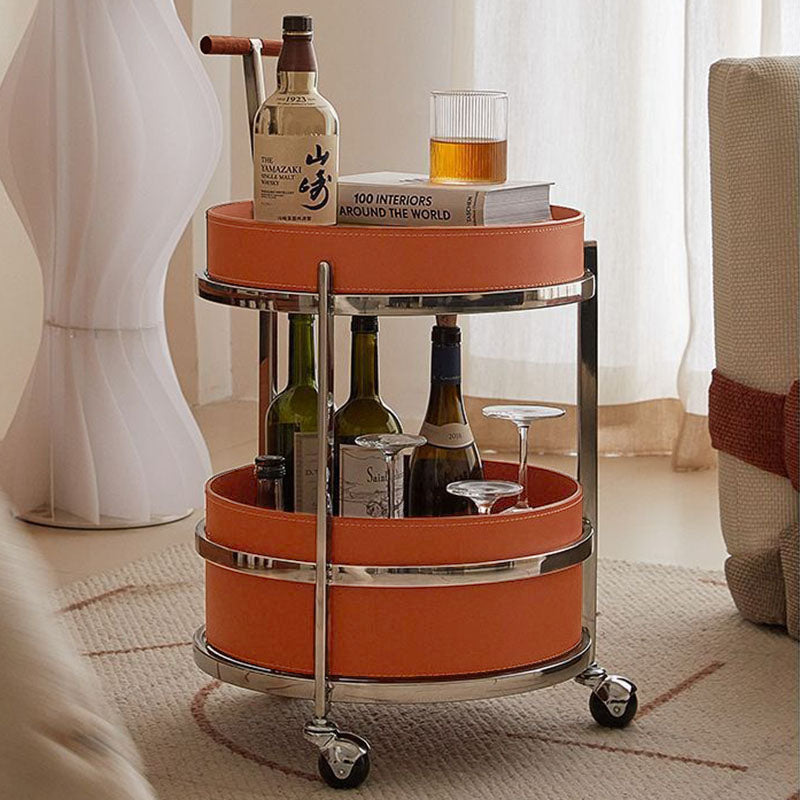 Rolling Round End Table with Elegant Faux Saddle Leather on Solid Wood – Multifunction Tea Trolley for Living Room