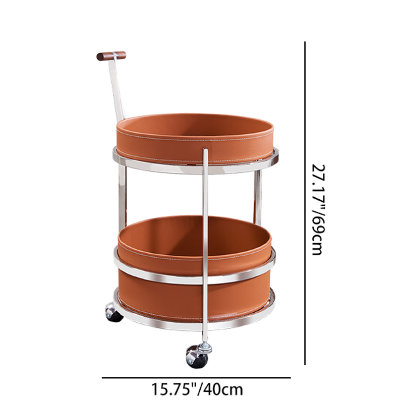 Rolling Round End Table with Elegant Faux Saddle Leather on Solid Wood – Multifunction Tea Trolley for Living Room