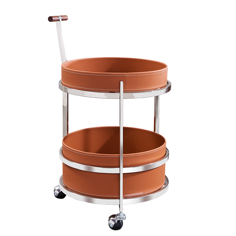 Rolling Round End Table with Elegant Faux Saddle Leather on Solid Wood – Multifunction Tea Trolley for Living Room