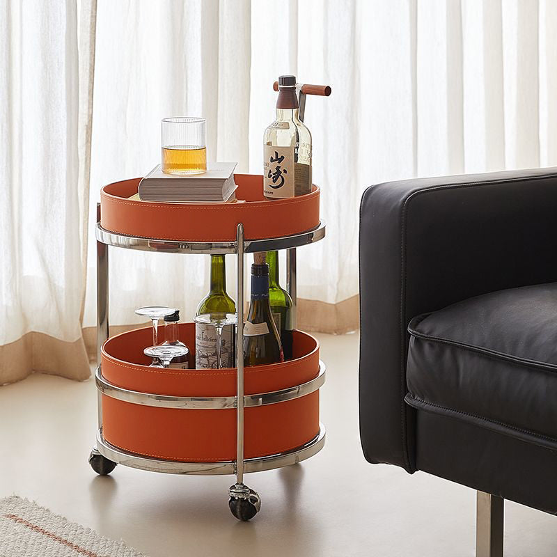 Rolling Round End Table with Elegant Faux Saddle Leather on Solid Wood – Multifunction Tea Trolley for Living Room