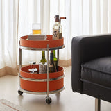 Rolling Round End Table with Elegant Faux Saddle Leather on Solid Wood – Multifunction Tea Trolley for Living Room