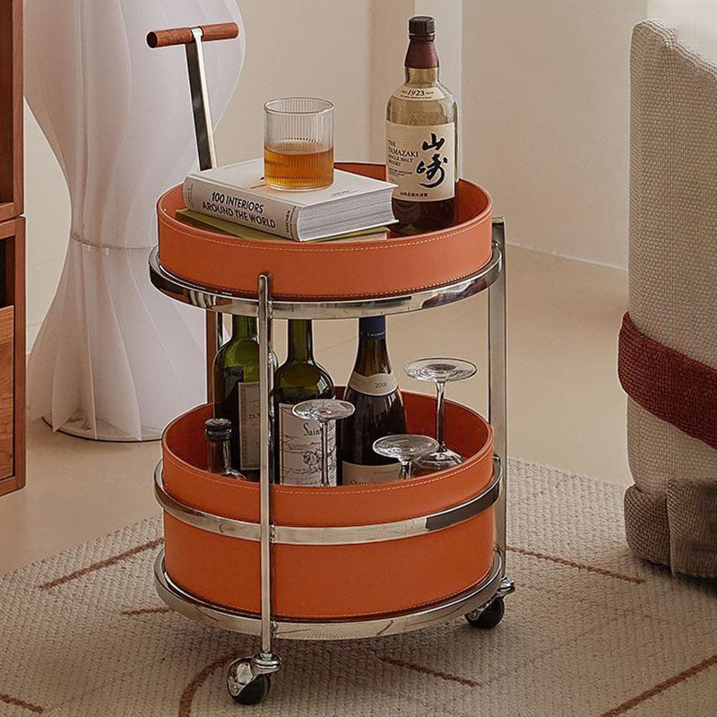 Rolling Round End Table with Elegant Faux Saddle Leather on Solid Wood – Multifunction Tea Trolley for Living Room