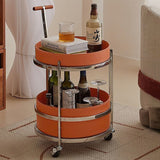 Rolling Round End Table with Elegant Faux Saddle Leather on Solid Wood – Multifunction Tea Trolley for Living Room