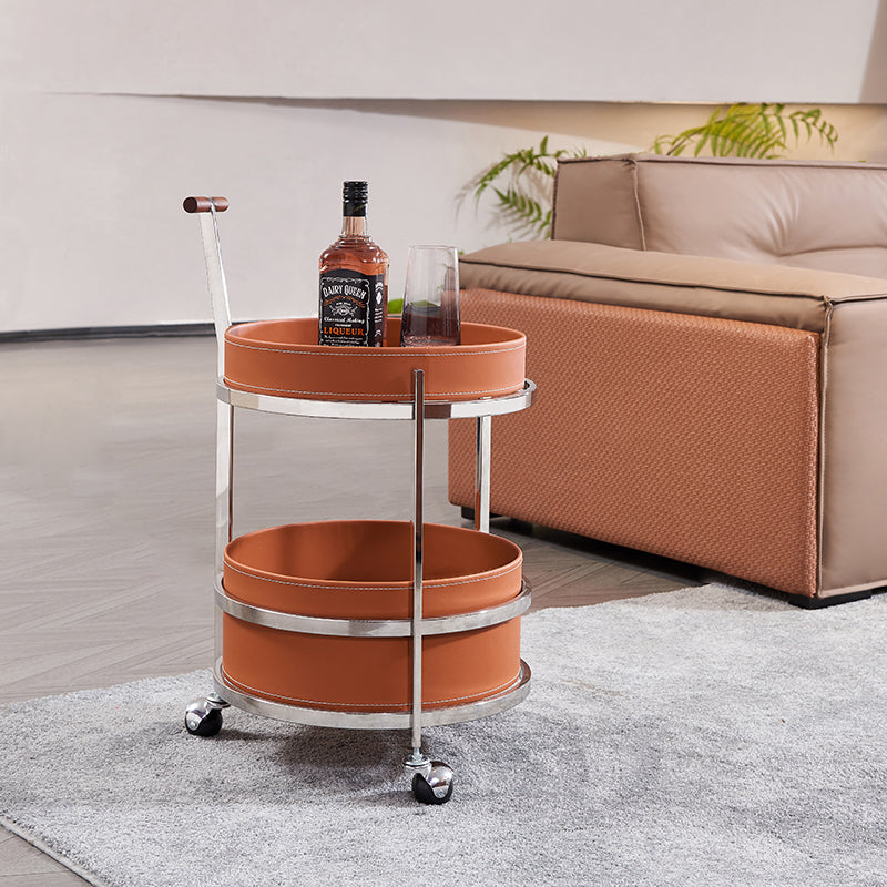 Rolling Round End Table with Elegant Faux Saddle Leather on Solid Wood – Multifunction Tea Trolley for Living Room