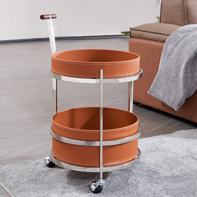 Rolling Round End Table with Elegant Faux Saddle Leather on Solid Wood – Multifunction Tea Trolley for Living Room