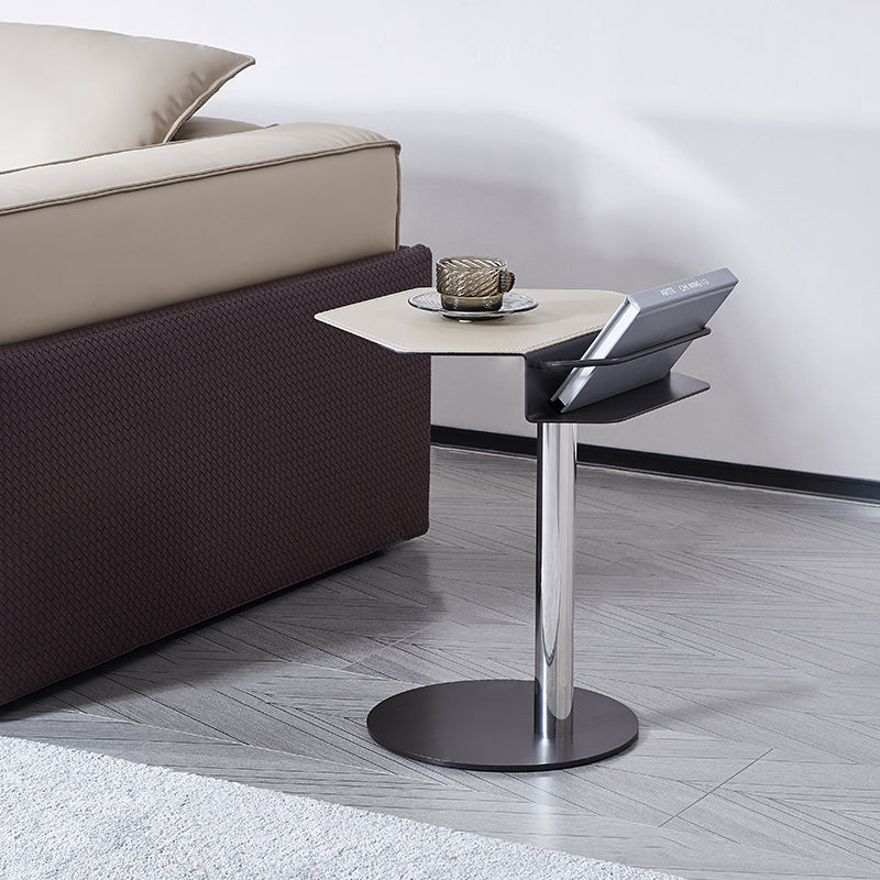Geometric Round Faux Saddle Leather End Table with Storage Shelf – Modern Living Room Side Table