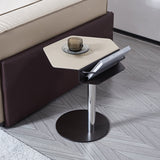 Geometric Round Faux Saddle Leather End Table with Storage Shelf – Modern Living Room Side Table