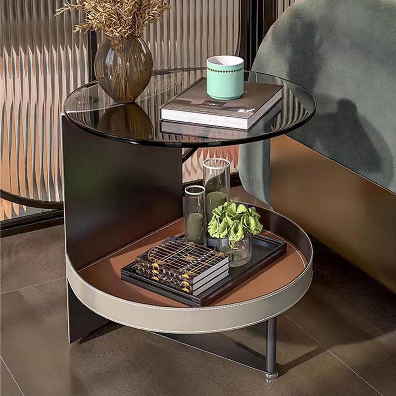 Round Tempered Glass End Table with Faux Saddle Leather Accents – Luxury, Elegant Living Room Side Table
