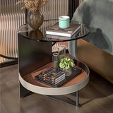 Round Tempered Glass End Table with Faux Saddle Leather Accents – Luxury, Elegant Living Room Side Table