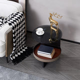 Round Tempered Glass End Table with Faux Saddle Leather Accents – Luxury, Elegant Living Room Side Table