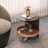 Round Tempered Glass End Table with Faux Saddle Leather Accents – Luxury, Elegant Living Room Side Table