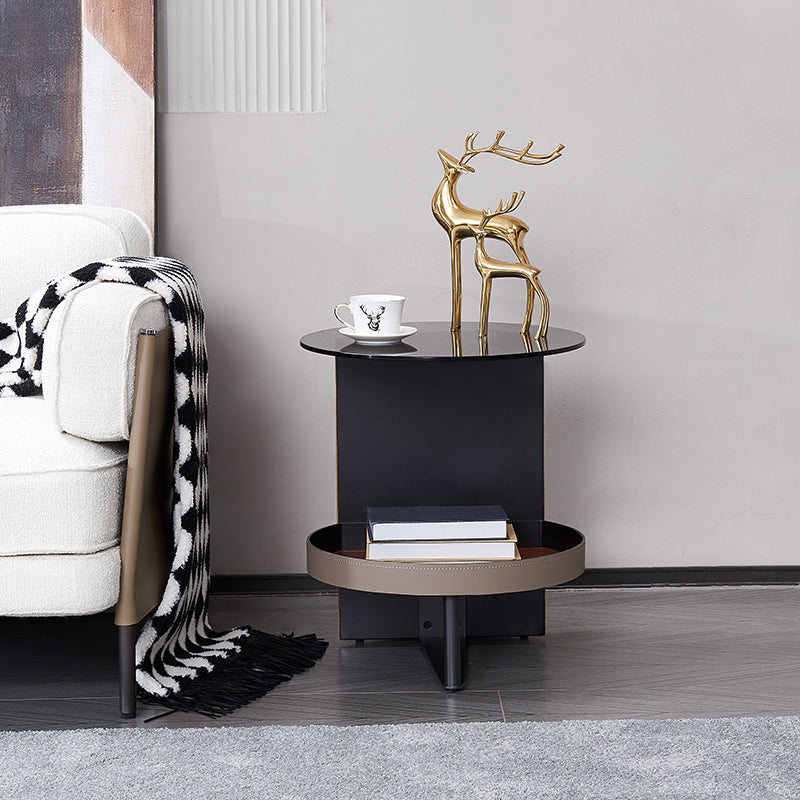 Round Tempered Glass End Table with Faux Saddle Leather Accents – Luxury, Elegant Living Room Side Table
