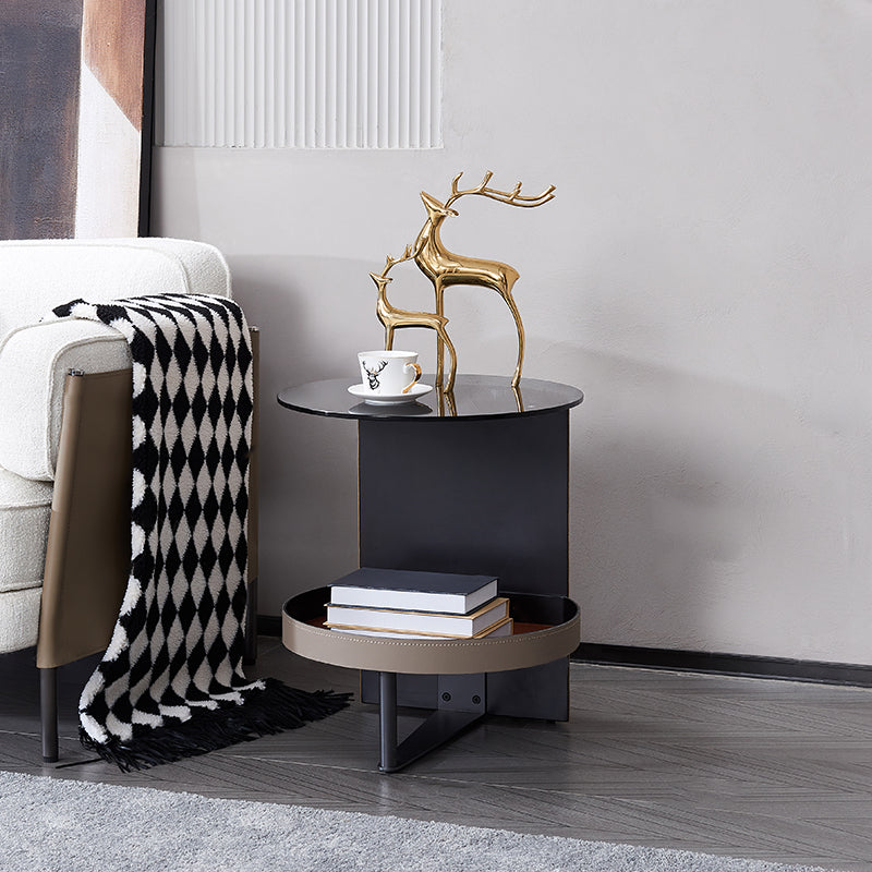 Round Tempered Glass End Table with Faux Saddle Leather Accents – Luxury, Elegant Living Room Side Table