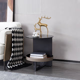 Round Tempered Glass End Table with Faux Saddle Leather Accents – Luxury, Elegant Living Room Side Table